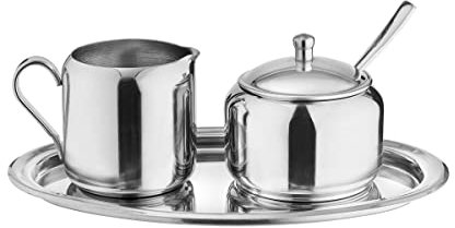 BUTLERS Milch- und Zucker-Set RITZ - Milchkännchen und Zuckerdose mit Löffel und Deckel auf Tablett - 5-tlg. Set aus Edelstahl, spülmaschinengeeignet