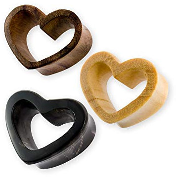 Fly Style 1 Stück Flesh-Tunnel aus Holz oder Horn - Herz Ohr-Plug Natur-Piercing, Grösse:14 mm, Modelle:Modell A