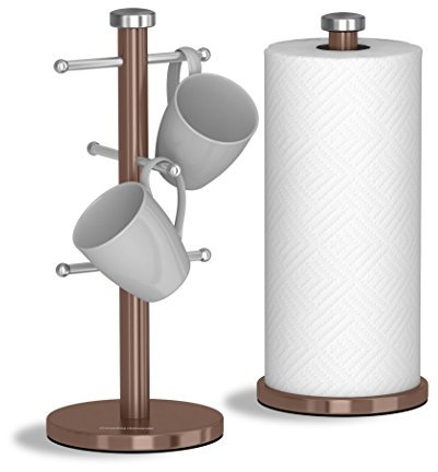 Morphy Richards 974039 Accents Kitchen Roll Holder and Mug Tree Set, Stainless Steel, Copper, 15 x 15 x 34.5 cm