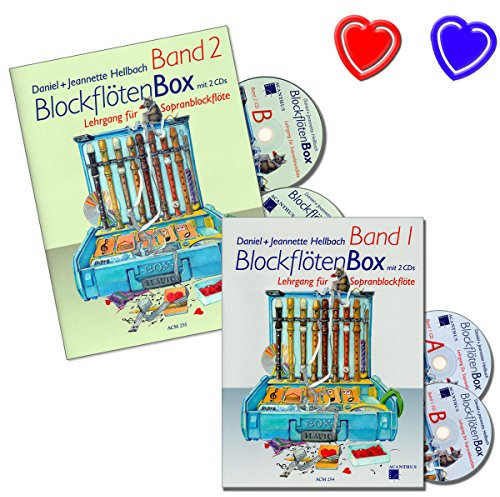 Blockflötenbox Band 1 + 2 - Blockflötenschule von Daniel Hellbach - mit 4 CDs und 2 bunten herzförmigen Notenklammer
