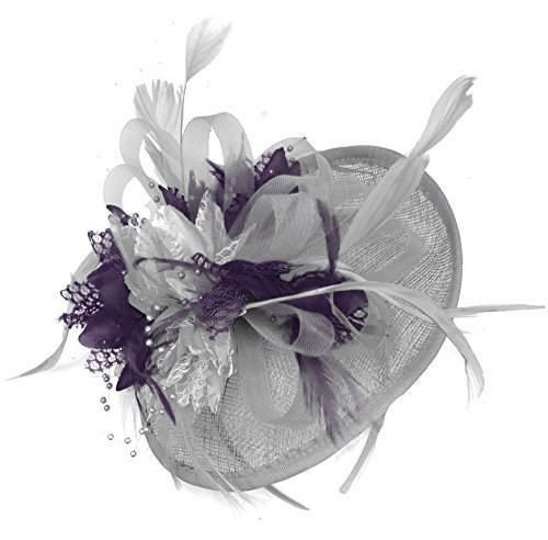 Caprilite Silver Grey and Dark Purple Sinamay Disc Saucer Fascinator Hat for Women Weddings Headband