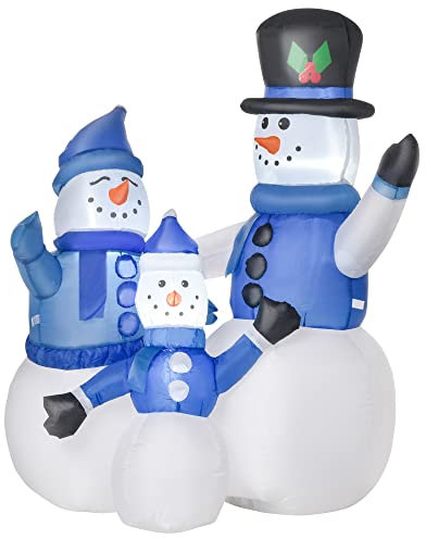 HOMCOM Schneemann Familie Selbstaufblasbare Dekoration LED mit Gebläse Blau L100 x B55 x H120 cm