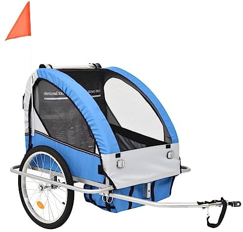 vidaXL Fahrradanhänger Jogger 2-in-1 Kinderanhänger Fahrrad Anhänger Kinderwagen Kinderfahrradanhänger für 1 oder 2 Kinder Blau Grau
