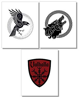 Din A4 Kunstdruck ungerahmt 3-teilig - Krähe Rabe Wolf Wikinger Vikings Valhalla - Nordische Mythologie Ornamente Gothic Kelten Druck Poster Bild