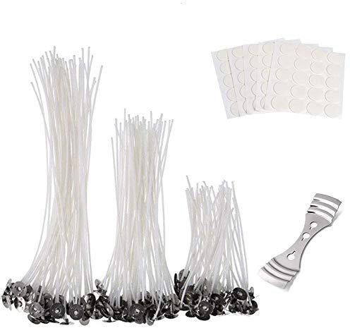 Funxim 150 Stück Kerzendocht Kerzen Dochte 3 Verschiedenen Größen(90mm,150mm and 200mm) Kerzendochte Candle Wick mit Fuß Aufklebern und kerzendocht zentriergerät für die Kerzenherstellung, Kerze DIY