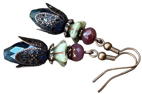 Romantische Vintage Ohrringe mit böhmischen Glasperlen - petrol, berry, khaki, kupfer - Tropfen, Tropfenohrringe, Ohrhänger