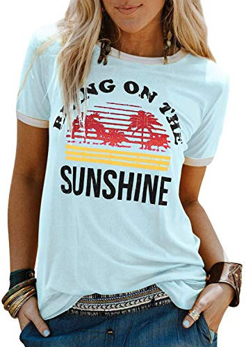 WIEIYM Damen T-Shirt Kurzarm Bring On The Sunshine Tshirt Lustig Retro Logo Tshirt Frauen Beiläufig T Shirt Mädchen Mode Tee-Shirts Brief Gedruckt Bluse Top (Himmelblau, XL)