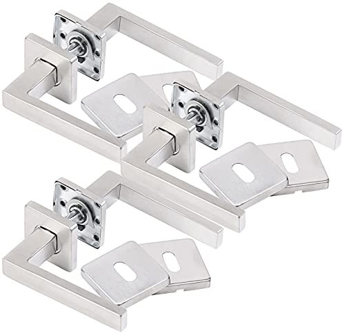 AGT Türbeschläge, modern: 6er-Set Edelstahl-Türbeschlag mit 6 Klinken & Rosetten, eckig, silbern (Türklinken-Sets drinnen, Türklinketürgriff)