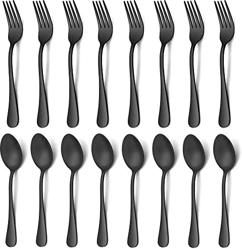 LIANYU 16-Piece Matte Black Forks and Spoons Silverware Set, 8 Dinner Forks and 8 Teaspoons, Stainless Steel Black Flatware Cutlery Set for Home Kitchen Hotel, Satin Finished, Dishwasher Safe