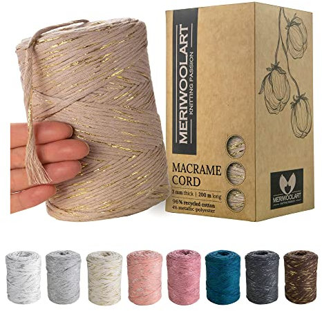 MeriWoolArt® Makramee Garn Beige - Makramee Garn 3mm farbig 200m - Super weiches Garn, einfach gedrehte Makramee Schnur - Öko-Tex 96% recyceltes Baumwollgarn farbig - DIY Boho Deko Makramee