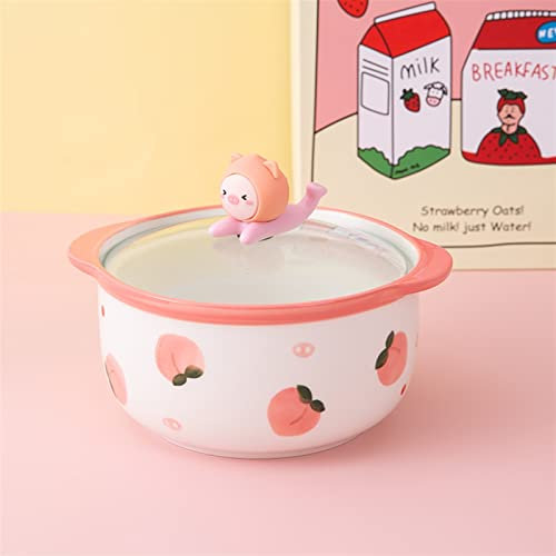 Noodle Bowls Kawaii Ceramics Strawberry Peach Ramen Bowl with Lid Cute Kitchen Large Instant Noodles Fruit Salad Rice Soup Bowl Tableware Salad Bowl (Color : Pink A)