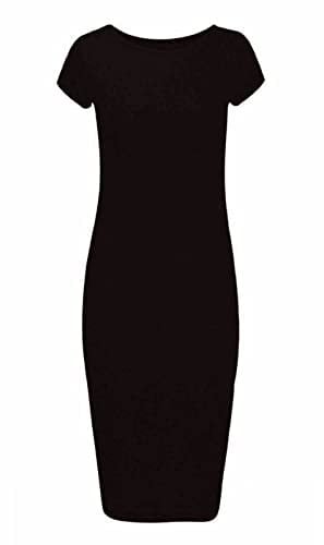 GirlzWalk® Womens Cap Sleeve Bodycon Midi Dress - Ladies Wiggle Pencil Round Neck Long Stretch Maxi Dress (Black, 16-18)