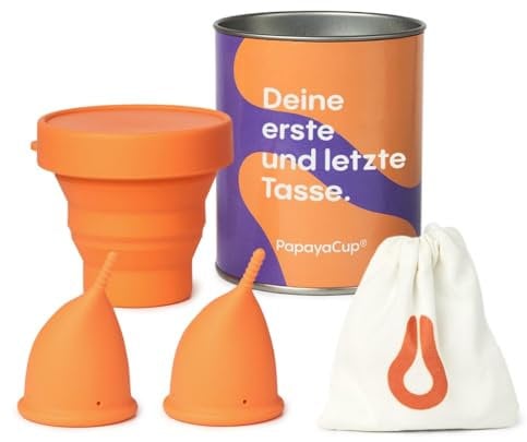 PapayaCup - Flexibelste und bequemste Menstruationstasse - Anatomische und weiche Tasse - Ideal für Frauen mit vaginaler Empfindlichkeit, auch nach der Geburt (S+L mit Sterilisator)