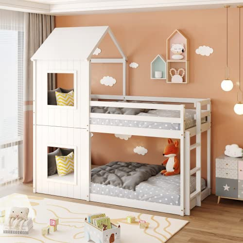KEEPREAPER Etagenbett 2 Kinder 90x200 cm, Kinderbett Hausbett mit Rausfallschutz, Leiter & Baldachin (Weiß)