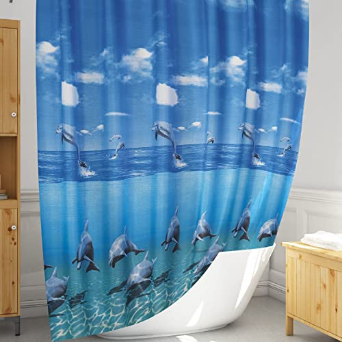 Rideau de baignoire bleu 180x200 avec anneaux de fixation inclus | Rideau de douche tissu lavale de superbe motif des dauphins | Ensemble de salle de bain avec crochets de rideau douche durable