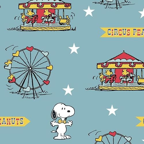COTTON CRAFT Snoopy Circus Stoff, 100 % Baumwolle, Cartoon-Motiv, halber Meter, 112 cm breit, mittelschwer/Quiltgewicht, Blau