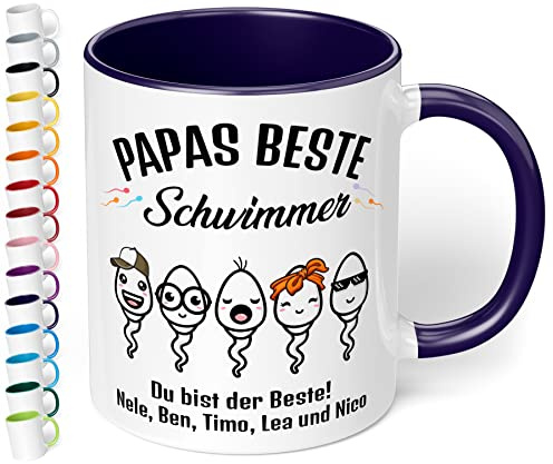 Lustiges Geschenk zum Vatertag: Tasse personalisiert „Papas beste Schwimmer!“ – Kaffeebecher mit Namen & Wunschtext - 330ml Keramik - Geburtstag Vatertagsgeschenke (Kobaltblau)