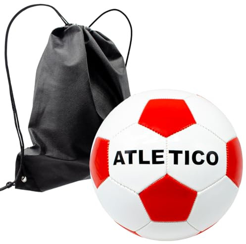 ms móvil shop Balón Fútbol Atletico Talla 5 Color Rojiblanco + Mochila Negra para Llevar en el Verano, Playa, Piscina, Campo.
