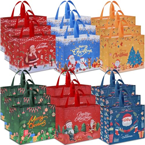 AhfuLife 18PCS Grand Sacs Cadeau de Noël, 40 x 36 x 15cm, Sacs de Cadeau Noël en Non Tissé, Pochette Fourre-tout avec Poignées, Sacs à Courses Réutilisables pour Fournitures de Fête