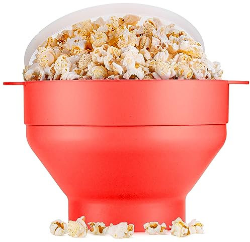 EcoEarth Microwave Popcorn Maker, Collapsible Food-Grade Silicone Popcorn Popper Bowl w/Lid, Hot Air Popper at Home for Family Movie Nights & Quick Cravings, BPA-Free & Dishwasher Safe, Red Pepper