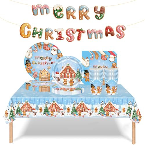 Set da tavola per feste di Natale, 70 pezzi, a tema omino di pan getta a tema natalizio, tovaglioli, bicchieri, tovaglia e striscione di buon Natale, decorazioni da tavola per