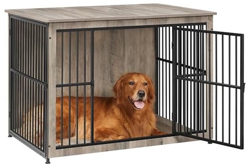 Feandrea Hundekäfig Möbel, Beistelltisch, Hundebox, Moderne Hundehütte Indoor für Hunde bis zu 37 kg, hochbelastbar, geschlossener Boden, Hundehaus 2 Türen, Greige meliert PFC024G01