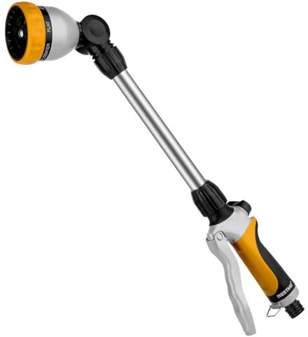 RESTMO Garten Gießstab Metall, 39cm Lang Gartenbrause mit Stiel, 180° schwenkbaren Kopf Stabbrause mit Durchflusskontrolle, 7 Sprühbilder Bewässerung Zauberstab für Blumenampeln und Sträucher, Gelb