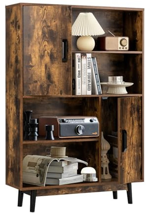 KOMFOTTEU Bücherschrank Holz, Mehrzweckschrank mit 2 Türen & 4 offene Regale, Beistellschrank mit Kippschutz, Bücherregal 80 x 24 x 119,5 cm, Schrank für Arbeitszimmer, Büro (Kaffee)