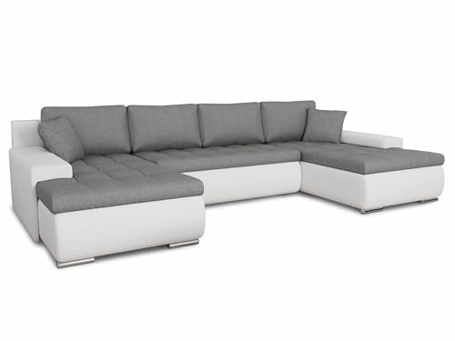 Wohnlandschaft mit Schlaffunktion Faris U-Form - Couch, Schlafsofa mit Bettkasten, Couchgranitur mit Bettfunktion, Big Sofa, Bettsofa (Weiß + Grau (Madryt 120 + Inari 91))
