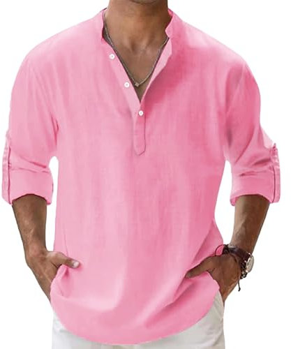 NIBESSER Camicia Lino Uomo Manica Lunga Camicia Coreana Uomo Casual con Bottoni Camicia Uomo Elegante Estiva Henley Shirt Tinta Unita Traspirante per Mare Spiaggia Vacanza, Rosa, XL