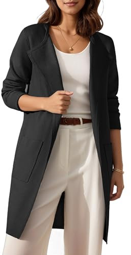 Timuspo Coatigan Damen Lässige Schwarze Strickjacke Vorne Offen Cardigan Lang Drapiert Einfarbig Strickpullover Langer Wintermantel Warm mit Taschen Schwarz S