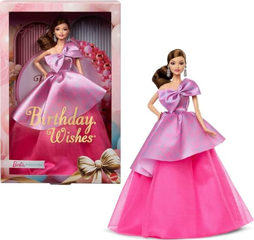 Barbie Signature Birthday Wishes, bambola da collezione con abito rosa satinato e capelli ondulati castani, in confezione regalo, JBJ08