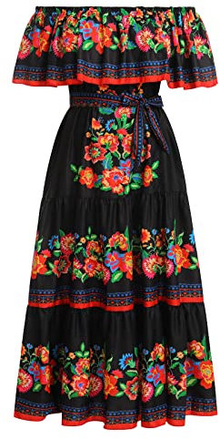 EFOGEP Vestido mexicano de verano para mujer, estilo bohemio, floral, drapeado, hombros descubiertos, vestido tradicional de fiesta, bohemio, largo, informal, boda, playa, fiesta, vestido con