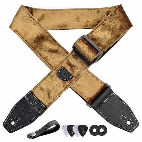 YIKOKO Gitarrengurt 2 Zoll Samtgitarrengurte mit Vollnarbenlederende, für Bass-, Elektro- und Akustikgitarren, kostenloser Gurtknopf, 2 Gurtschlösser und 4 Gitarrenplektren