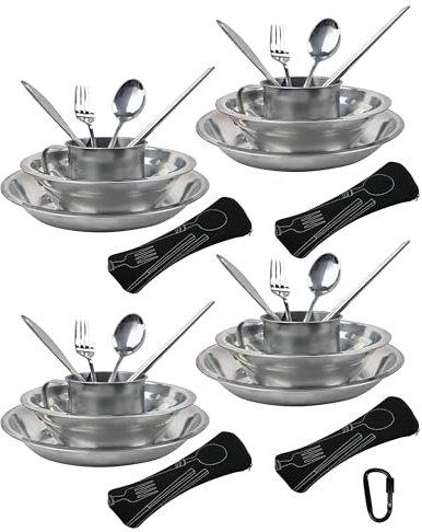 Mess kit 4 Person, Camping Kitchen Set, Camp Utensil Set, Picnic Set, Camping Dish Set, Stainless Steel Dinnerware Set, Plate Bowl Cup Set Person, Backpacking Dish Utensil, Camping Mess Kit