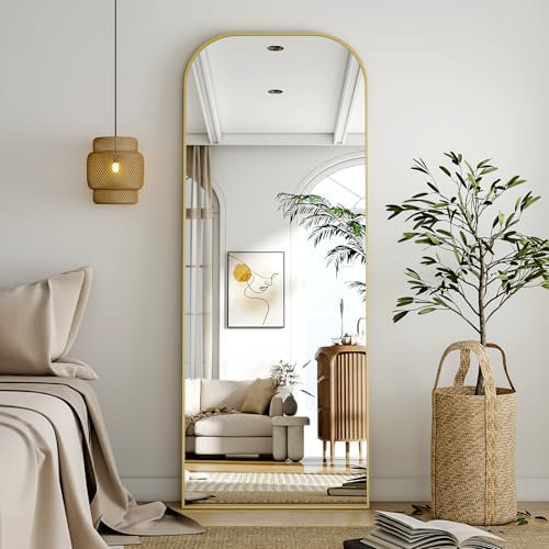 BEAUTYPEAK 142x52 cm Minimalistische Rahmen Standspiegel, Ganzkörperspiegel zur Wandmontage oder Freistehend, Bruchsichere Linse, Großer Wandspiegel für Schlafzimmer, Flur, Wohnzimmer Gold