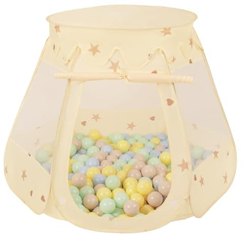 Selonis Tente Château pour Enfants Tente De Jeu 105X90cm/100 Balles 7cm Colorées Jouet Cabane Pop-Up Château Maison De Jeu, Beige Clair: Beige Pastel/Bleu Pastel/Jaune Pastel/Menthe