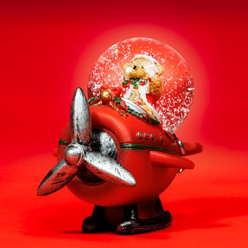 SIKORA SK42 Kleine Glas Deko Schneekugel Weihnachtsbär im Flugzeug D:45mm