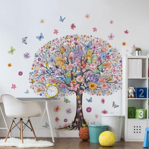 Runtoo Grande albero adesivi murali albero della vita farfalla floreale Wall Art Stickers soggiorno ragazze camera da letto decorazione da parete