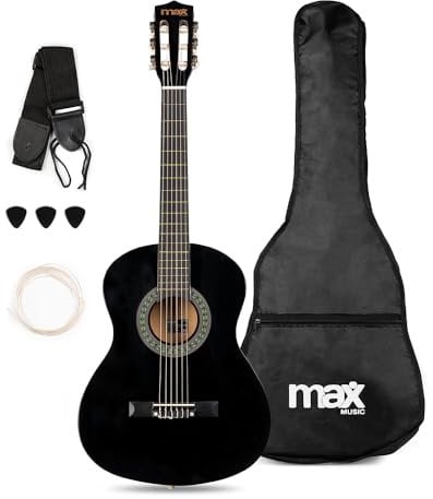 MAX SoloArt Junior 3/4 - Guitarra Española Infantil para niños de 8 a 12 años, Guitarra Clásica para Niños y Niñas, Funda, Afinador, Correa, Cuerdas de Nylon y púas para principiantes, Color negro