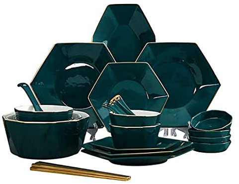 ILJHGBFDGS Piatti Eleganti, stoviglie in Ceramica, Set da tavola in Ceramica Verde Scuro retrò da 25 Pezzi con Bordo Dorato, Set da tavola in Porcellana Phnom Penh per 4 Persone