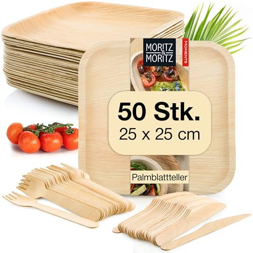 Moritz & Moritz Nachhaltiges Palmblatt Geschirrset für 50 Personen - 50 Teller Einweg 25 x 25 cm - 50 Holzbesteck Einweg - Alternative zu Bambusteller und Bambus Geschirrset