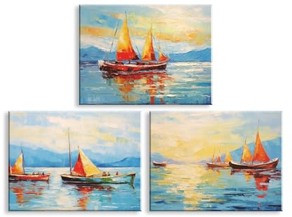 Piy Painting Leinwand Wandbilder, Ozean-Leinwandbilder, Segelboot Leinwand Gemälde, Leicht Zu Hängen Für Wohnzimmer Badezimmer Eingang Cafe Speisesaal, Set Von 3, 30x40 cm (90X40 CM)