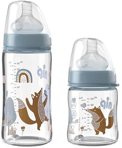 NIP Weithalsglasflasche GLAS Flasche, 2er Set, 120 ml + 240 ml Weithalstrinksauger Silikon, Sauger Gr. S feinste Sauglochgröße, Glas porenfrei glatt, ab 1. Tag, Muttermilch, Pre-Nahrung 0+