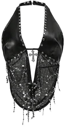 SOLY HUX Women's Y2k Rave Outfits PU Leather Sparkly Halter Crop Top