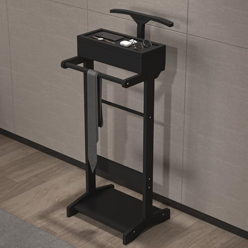 Organizedlife Herrendiener aus Holz mit Schuhregal, freistehender Kleiderbügel und Hutständer, Herrendiener mit Aufbewahrungs-Organizer, Weiß (Schwarz)