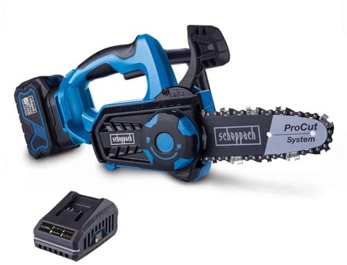 Scheppach Akku-Kettensäge BC-TCS200-X, Gehölzschneider | brushless | 8‘‘ / 20 cm ProCut-Schwert & -Kette, 7 m/s | 17,5 cm Schnittlänge | 20V-IXES-Serie | inkl. 4Ah Akku + 2,4A Ladegerät