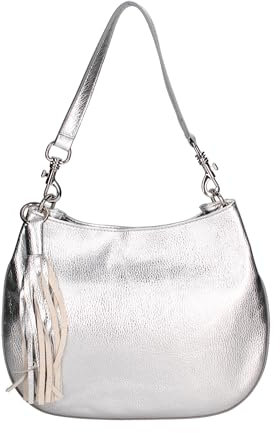 Gave Lux GLX220731623FBG Damen-Schultertasche aus echtem Leder, hergestellt in Italien, 33 x 26 x 18 cm, silber / schwarz, 33x26x18