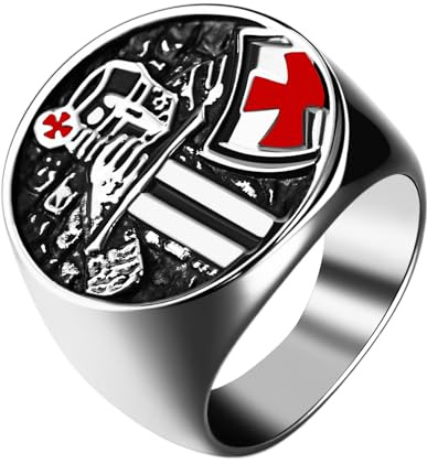 JewelryWe Herrenring Tempelritter Ring Herren Edelstahl Templer Kreuz Rund Siegelring Christlich Fingerring Mittelalterlicher Kreuzritter Schutzring Katholisch Religiöse Schmuck Silber