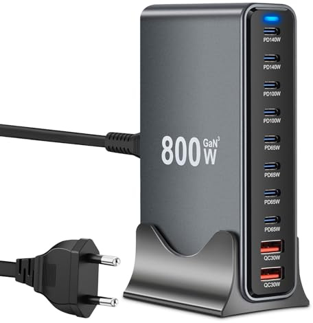 800W USB C Ladegerät Mehrfach,PD 140W 100W 65W Schnellladegerät 10 Ports Ladestation GaN-III Charger with 8 USB-C and 2 USB-A Ports for MacBook iPad Pro/Air, iPhone 16 15 Pro Max, Samsung,Xiaomi,iPads